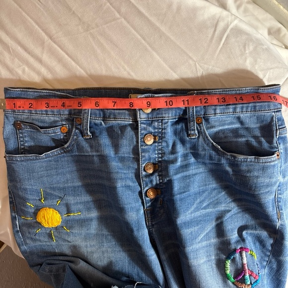 MADEWELL Cali Demi Boot Hand Embroidered Hippie Peace Sign Jeans Upcycled Sz 31 - Picture 14 of 16